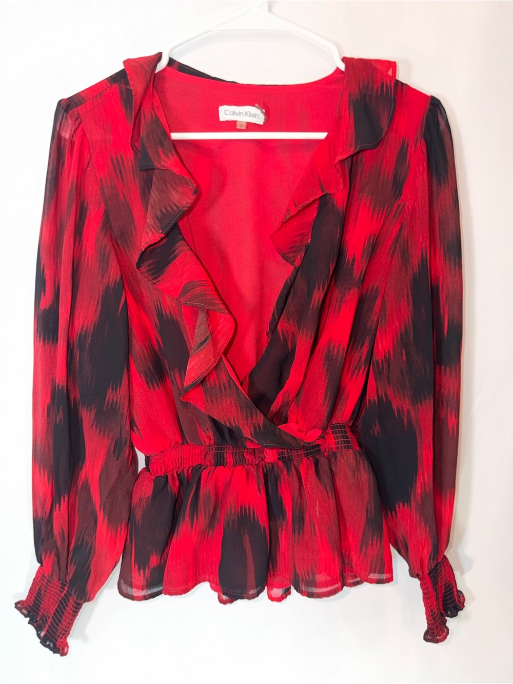 Calvin Klein Red and Black Ruffle Wrap Blouse